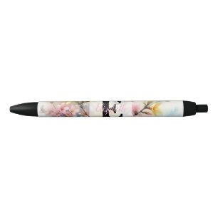 Waterverf monogram roze geel lente bloemen zwarte inkt pen