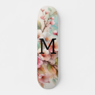 Waterverf monogram roze kersenbloesem skateboard