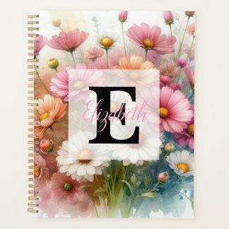 Waterverf monogram roze madeliefjes bloemen planner