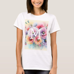 Waterverf monogram roze rode klaprozen bloemen t-shirt