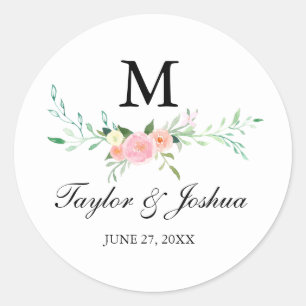 Waterverf Monogram Trouwsticker met Wilde Bloemen Ronde Sticker