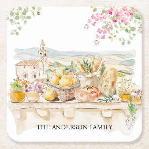 Waterverf Monogram Tuscany Mediterraan Italië Vierkante Kartonnen Onderzetter