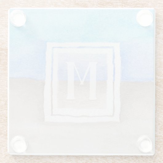 Waterverf Monogram Zee & Zandblauw en Tan Glazen Onderzetter (Achterkant)