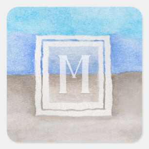 Waterverf Monogram Zee & Zandblauw en Tan Vierkante Sticker