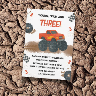 Waterverf Monster Truck 3e Verjaardag Uitnodiging