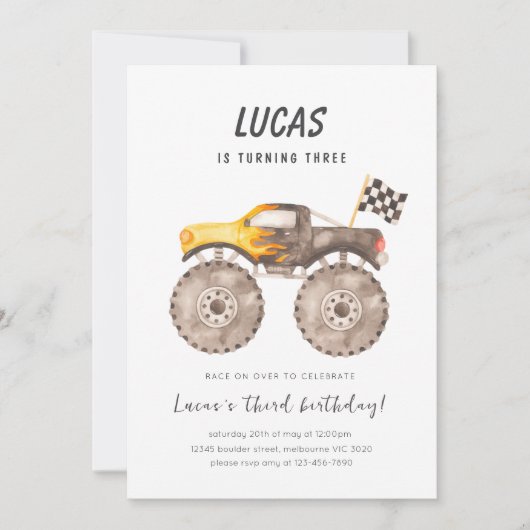 Waterverf Monster Truck Racing verjaardagsfeestje Kaart (Voorkant)