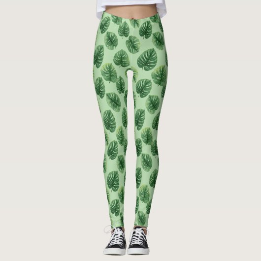 Waterverf Monstera Blad Patroon Leggings (Voorkant)