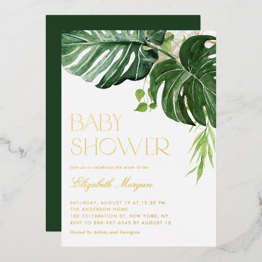 Waterverf Monstera Greenery Tropisch Baby shower Folie Uitnodiging (Voorkant / Achterkant)