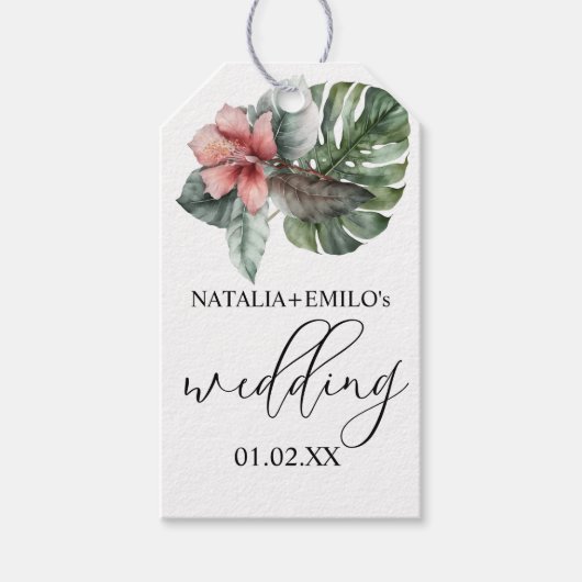 Waterverf Monstera Leaf Floral Wedding Cadeaulabel (Voorkant)