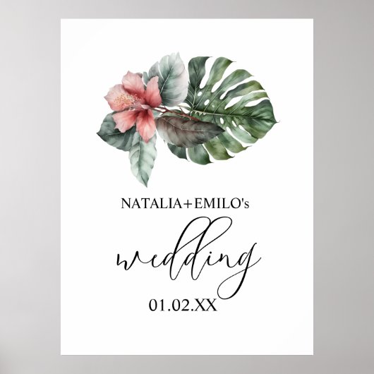 Waterverf Monstera Leaf Floral Wedding Poster (Voorkant)
