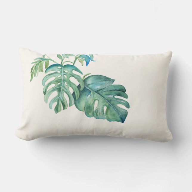 Waterverf Monstera Leaf Lumbar Pillow Kussen (Voorkant)