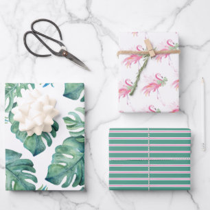Waterverf Monstera Leaves en Roze Flamingos Wrap Inpakpapier Vel