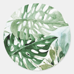 Waterverf Monstera Tropisch Groen Botanisch Ronde Sticker
