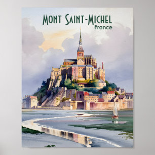 Waterverf Mont Saint Michel Frankrijk Oude Reispre Poster