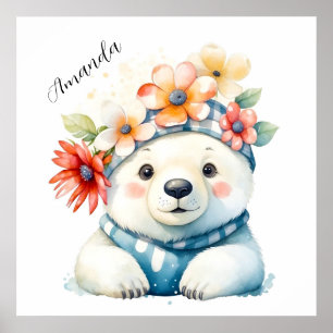 Waterverf Mooie Ijsbeer met Bloemen Poster