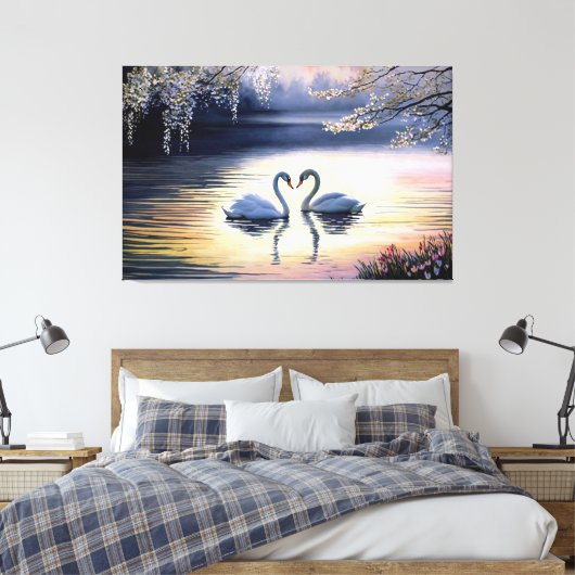 Waterverf mooie witte zwanen in het meer canvas afdruk (Insitu (Slaapkamer))