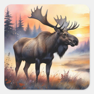 Waterverf Moose bij zonsopgang Vierkante Sticker