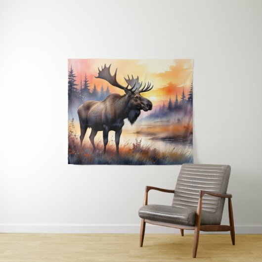 Waterverf Moose bij zonsopgang Wandkleed (In Situ (horizontaal))