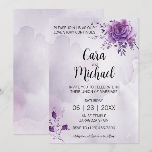 Waterverf Morada bruiloft uitnodigen Kaart (Voorkant / Achterkant)