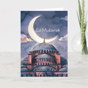 Waterverf Moskee maan Eid Mubarak Halve maan Feestdagen Kaart