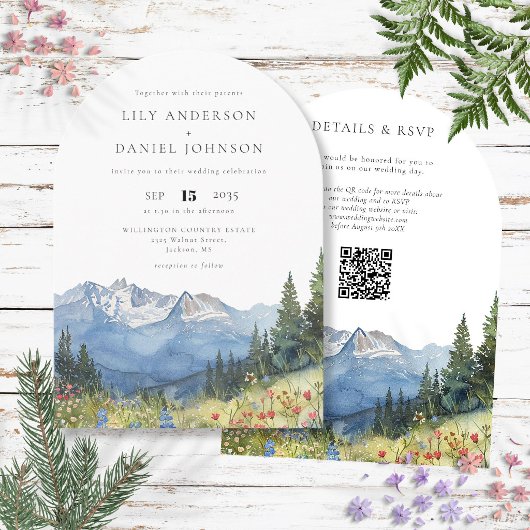 Waterverf Mountain Flowers QR Code Wedding Arch Kaart