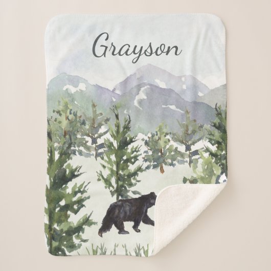Waterverf Mountain Forest Beer Personalized Boy Sherpa Deken (Voorkant)