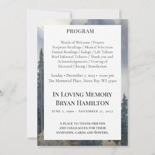 Waterverf Mountain Forest begrafenisprogramma Kaart (Achterkant)