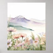Waterverf Mountain Landschap Wildflower Pos Poster (Voorkant)