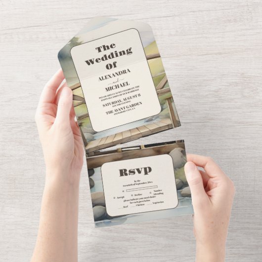 Waterverf Mountain Meadow Bruiloft All In One Uitnodiging (Afscheurbaar)