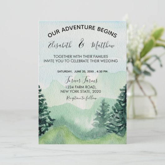 Waterverf Mountain Wedding Kaart (Staand voorkant)