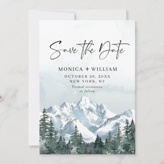 Waterverf Mountains Forest Wedding Save The Date (Voorkant)