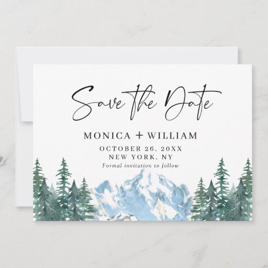 Waterverf Mountains Forest Wedding Save The Date (Voorkant)