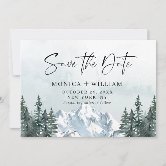 Waterverf Mountains Forest Wedding Save The Date (Voorkant)