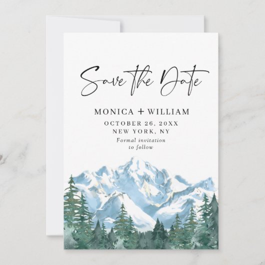 Waterverf Mountains Forest Wedding Save The Date (Voorkant)