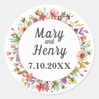 Waterverf Mountainside Meadow Wildflowers Bruiloft Ronde Sticker