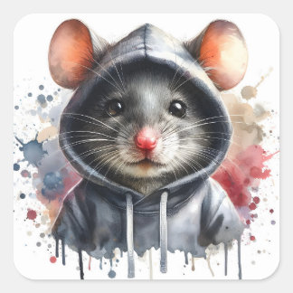 Waterverf Muis in Grijs Hoodie Splash Art Vierkante Sticker