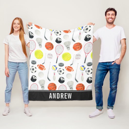 Waterverf Multi Sport Pattern Balls Kind Boy Name Fleece Deken (In situ)