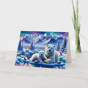 Waterverf Mum en Baby Polar Beer Kerst Folie Feestdagenkaart