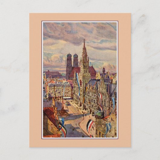  waterverf München Marienplatz Briefkaart (Voorkant)