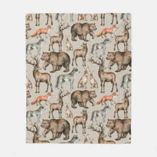 Waterverf naadloos patroon met wilde bosdieren fleece deken