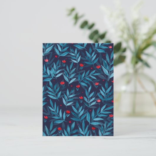 Waterverf nachttuin - turquoise , blauw en rood briefkaart (Staand voorkant)