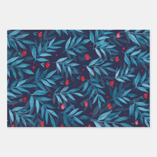 Waterverf nachttuin - turquoise , blauw en rood inpakpapier vel (Voorkant 2)