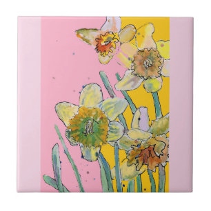 Waterverf Narcis Bloem Bloemrijk Roze Geel Tegeltje