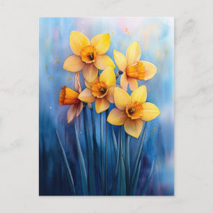 Waterverf narcissen blauw achtergrond briefkaart