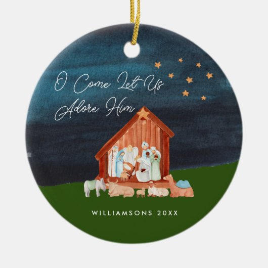 Waterverf Nativiteit Adore Him Scripting Religieuz Keramisch Ornament (Voorkant)