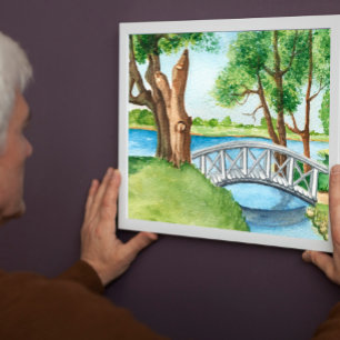 Waterverf Natuur Scene met houten brug Poster
