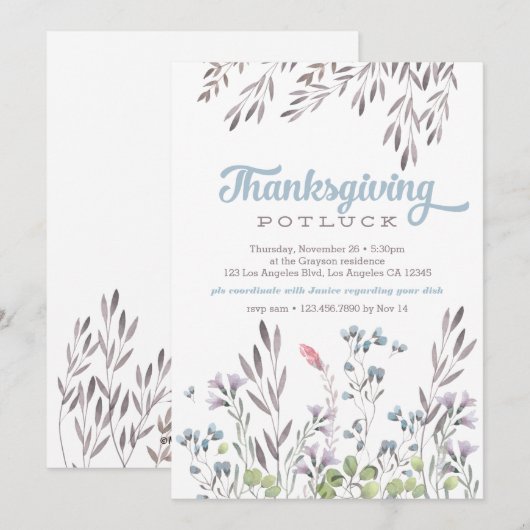 Waterverf Natuur Thanksgiving Potluck Invitation Kaart (Voorkant / Achterkant)