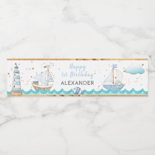 Waterverf Nautical 1st Birthday Waterfles Etiket (Enkel label)