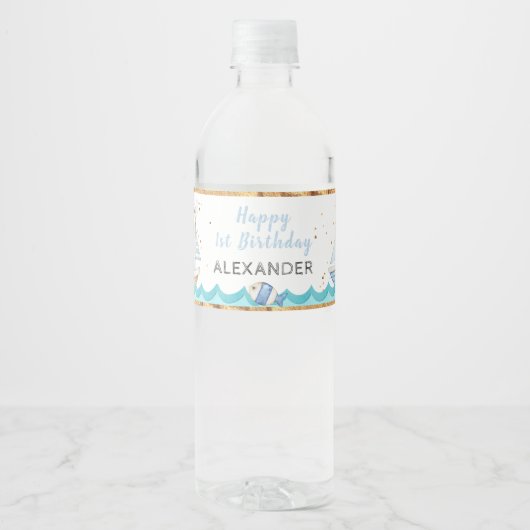 Waterverf Nautical 1st Birthday Waterfles Etiket (Voorkant)