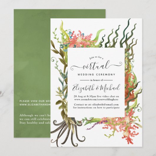 Waterverf Nautical Seaweed Online Virtual Wedding Kaart (Voorkant / Achterkant)